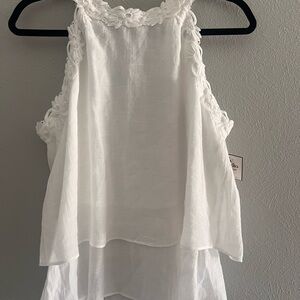 Fortune and IVy White Layered Blouse with Floral Accents. PTP 20” Length 23”